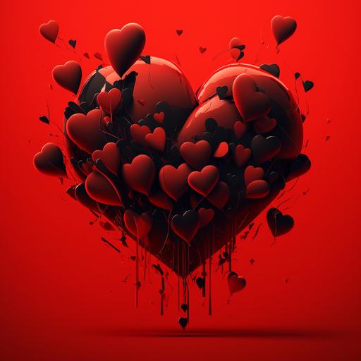 Red animated heart with black ballons behind it in a red background