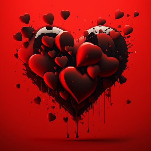 Red animated heart with black ballons behind it in a red background