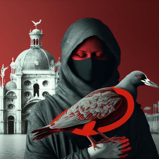 Red foreground ban sign, on the hands of a hooded person feeding pigeons. on the background of gray Venice with garbage