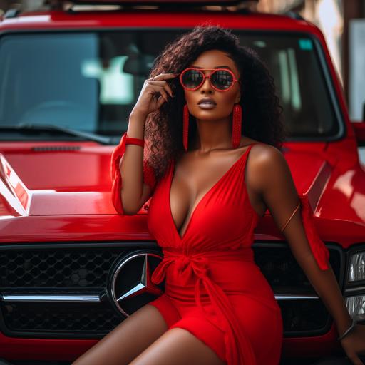 Red g wagon with accent with a beautiful black model in front of the car with a red dress on with pretty glasses long pretty red and black wig with edge laid with pretty baby hair