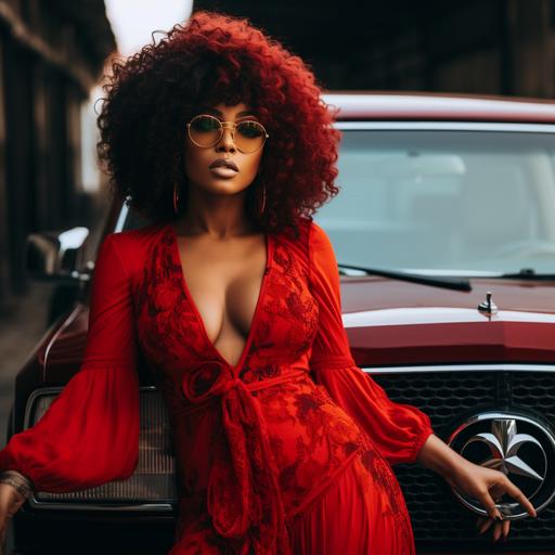 Red g wagon with accent with a beautiful black model in front of the car with a red dress on with pretty glasses long pretty red and black wig with edge laid with pretty baby hair