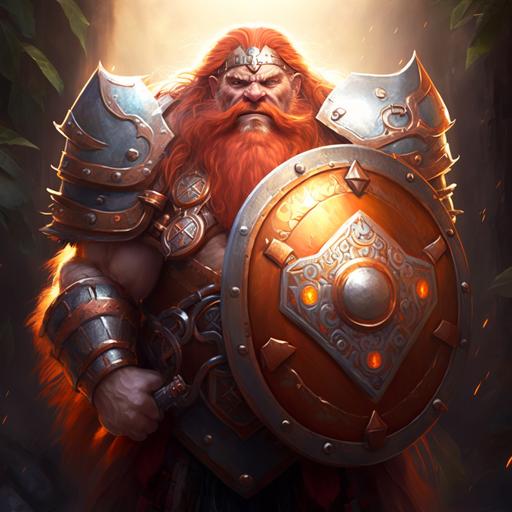 Red-haired fantasy dwarf with a glowing steel hammer in his right hand and a steel shield in his left hand, on the shield is a coat of arms in the form of two suns