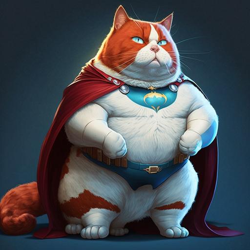 Red-headed cat, super hero, fat belly, blue mantle, cartoon, white snickers