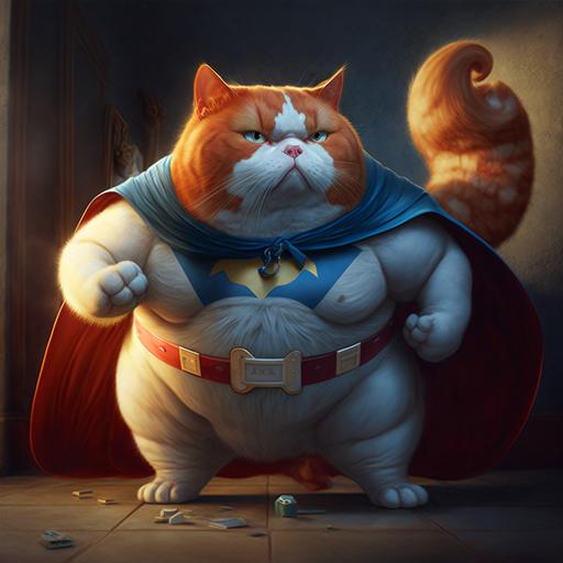 Red-headed cat, super hero, fat belly, blue mantle, cartoon, white snickers