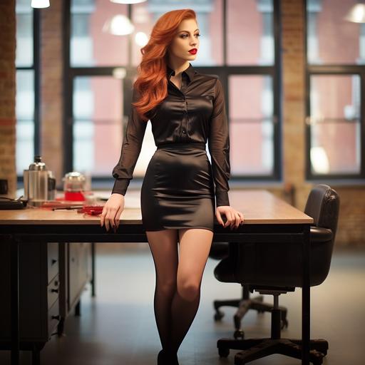 Red-headed girl wearing a black silk shirt and a tight black leather skirt, stockings and high heels