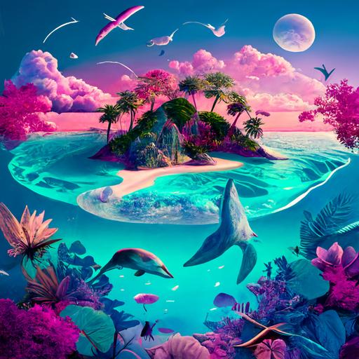 island, air, sky, water, sand, greenery, birds, trees, flowers, fish, dolphins, whales, beautiful, exotic, tropical, warm, humid, brilliant, blue, crystal clear, turquoise, white, soft, lush, majestic, colorful, pink, purple, orange, inviting, magic