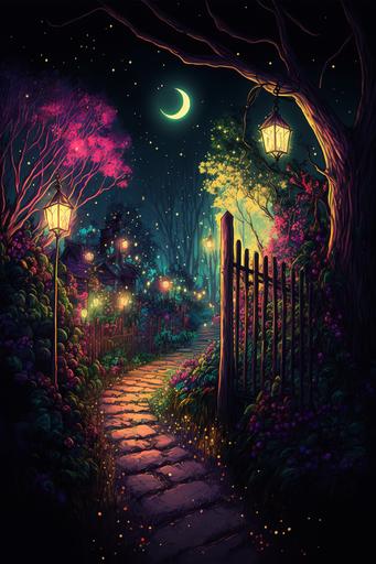 magical path with white wooden fencing and fairy lights, Cosy, garden environment, complex, wide view   color pen and ink, illustration, realistic, maximalist, spectacular details, 8K, concept art, cinematic, atmospheric, epic composition, dramatic light,   vibrant colors, high contrast --ar 2:3 --v 4 --q 2