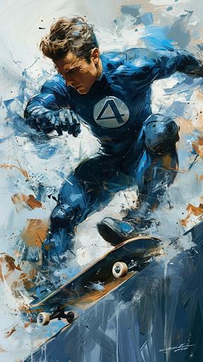 Reed Richards, from the Fantastic Four is riding a skateboard off a ramp. his elastic arm is stretched out. number 4 logo is on his chest. loose painting with big brush strokes --ar 9:16 --stylize 250 --v 6.0