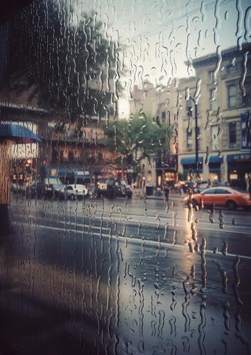 Refraction in the Rain | by Origamint::0 A city street scene captured through the refraction of raindrops on a glass window, creating an impressionistic, dreamy effect. Polaroid SX-70, automatic exposure, wide-angle shot, shallow depth of field, moody lighting, color filter. --ar 5:7 --q 2 --v 5