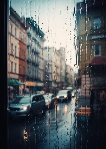 Refraction in the Rain | by Origamint::0 A city street scene captured through the refraction of heavy raindrops on a glass window, creating an impressionistic, dreamy effect. Polaroid SX-70, automatic exposure, wide-angle shot, shallow depth of field, moody lighting, color filter. --ar 5:7 --q 2 --v 5
