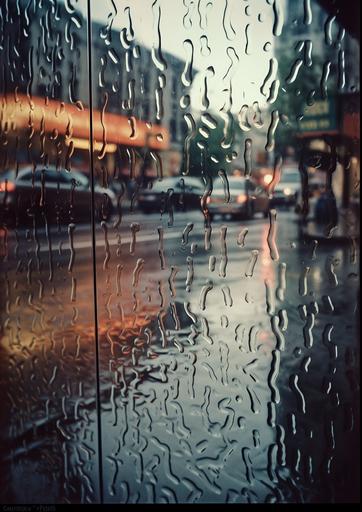 Refraction in the Rain | by Origamint::0 A city street scene captured through the refraction of heavy and intense raindrops on a glass window, creating an impressionistic, dreamy effect. Polaroid SX-70, automatic exposure, wide-angle shot, shallow depth of field, moody lighting, color filter. --ar 5:7 --q 2 --s 250 --v 5
