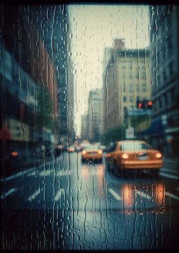 Refraction in the Rain | by Origamint::0 A city street scene captured through the refraction of raindrops on a glass window, creating an impressionistic, dreamy effect. Polaroid SX-70, automatic exposure, wide-angle shot, shallow depth of field, moody lighting, color filter. --ar 5:7 --q 2 --v 5
