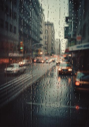 Refraction in the Rain | by Origamint::0 A city street scene captured through the refraction of heavy and intense raindrops on a glass window, creating an impressionistic, dreamy effect. Polaroid SX-70, automatic exposure, wide-angle shot, shallow depth of field, moody lighting, color filter. --ar 5:7 --q 2 --s 250 --v 5