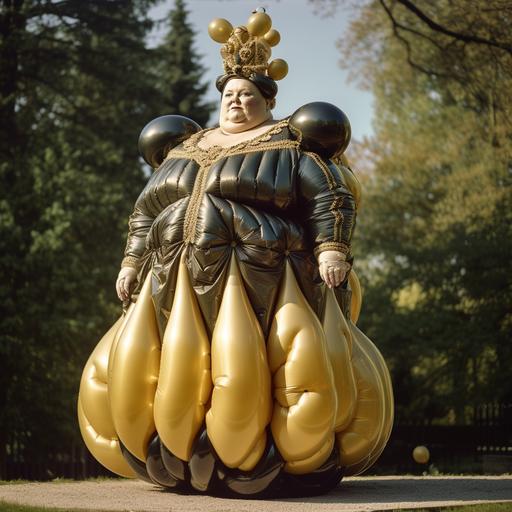 Regal photo of the balloon queen, anthropomorphic balloon, rubber balloon crown, animated rendering, full length shot, corpulent woman, obese, shiny rubber balloon dress, festive, regal, tightlacing, wasp-waisted, side angle shot, extremely ornate, 28mm f2.8, shot on Kodak gold 200 --seed 1731 --v 5 --s 250