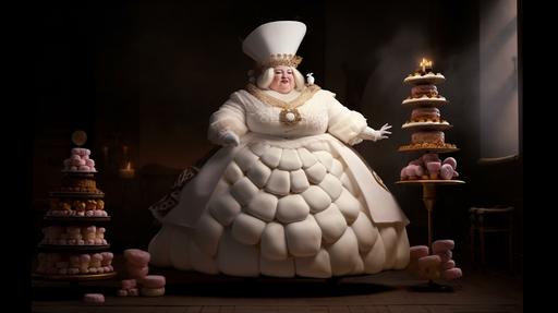 Regal photo of the marshmallow queen, anthropomorphic jiggling marshmallow, giant shadowy marshmallow hat tipped to the side, animated rendering, full length shot, corpulent woman, obese, dress made of marshmallow, festive, surrounded by desserts, regal, tightlacing, wasp-waisted, side angle shot, extremely ornate, 28mm f2.8, shot on Kodak gold 200 --seed 1731 --ar 16:9 --v 5 --s 250