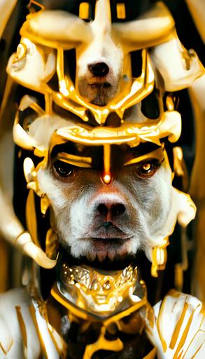 Regal portrait of a handsome god-tribal-King, with bright eyes, wearing a highly intricate 3d-printed futuristic helmet with ornately carved ivory guns. Two dogs are wearing chunky gold necklaces, they are snarling and ready to fight to protect. There is an ethereal, magical, dark atmosphere, with cold dew in the air and spectral cosmic light, 4k, cinematic, --ar 9:16  --uplight  --q 2 --v 1