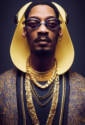 Regal portrait of a handsome god-tribal-King. He is a perfect mix of Snoop Dogg, Dr Dre, Jay-z, Will Smith, Lil Nas X, with bright eyes, wearing a highly intricate 3d-printed futuristic helmet with ornately carved ivory guns. Two dogs are wearing chunky gold necklaces, they are snarling and ready to fight to protect. There is an ethereal, magical, dark atmosphere, with cold dew in the air and spectral cosmic light, 4k, cinematic --testp --ar 1:3 --upbeta