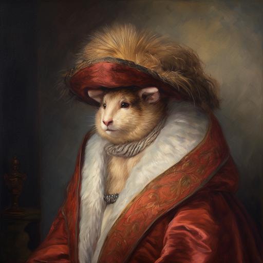 Renaissance style oil painting of a beautiful renaissance era woman wearing a capybara skin hat, wearing a capybara skin coat, wearing a capybara skin scarf, full body portrait --v 5