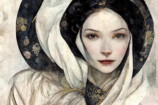 --ar 14:9 Renaissance. long silk robes, white faces and hands, cracked frescoes. portrait of a woman with a snow-white face, a halo above her head. fantasy, illustration and icon style. thin black snakes wrap around the woman's arms and neck
