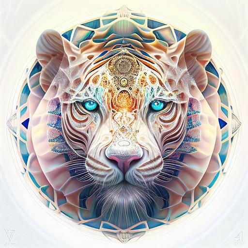 psychedelic visionary art, photo, portrait, fractal tiger, harmony, sacred sounds, pastel colours, sacred geometry, glow, gems, white background, spiritualcore --v 4