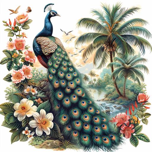 Retro Art Vintage paint of peacock in tropical landscape with tropical trees and flowers, tropical birds, white background, png --s 750