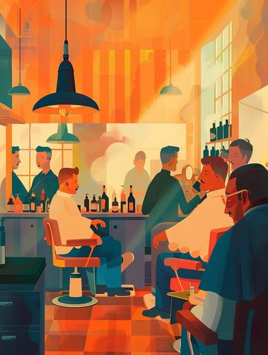 Retro Barber Shop party scene, in the style of james gilleard, minimalist abstracts, nature morte, fernando botero, poster, jean restout the younger, shaped canvas --ar 3:4