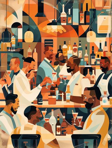 Retro Barber Shop party scene with african americans, in the style of james gilleard, minimalist abstracts, nature morte, fernando botero, poster, jean restout the younger, shaped canvas --ar 3:4