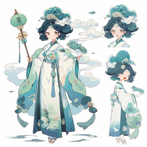 Retro Ghibli style, Chinese mythical goddess of the moon who is a young girl with short hair, character sheet, white background, --niji 5