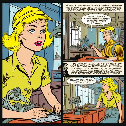 Retro comic book style benday dots vintage style beautiful mature female, wearing a yellow hard hat, blonde hair Panel 1: Girl come into work in a factory, with the words 