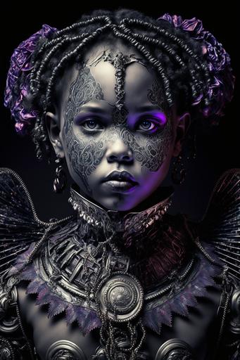 Retro-futuristic hyper-detailed baroque victorian cyborg biomechanical porcelain doll girl, bleeding cracked face, black metal album cover, maximalist, horror art, scarlet and ultraviolet, prismatic tintype metal frames, spray painted tribal patterns found footage --q 2 --ar 2:3 --v 4