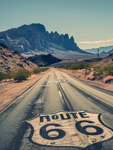 Retro-style photo on Highway 66, set against a desert background and distant mountains, 