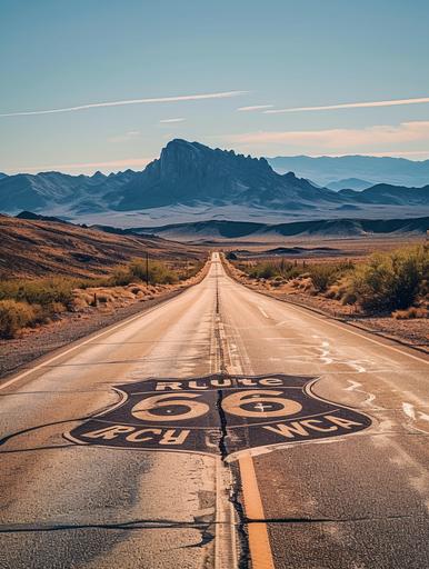 Retro-style photo on Highway 66, set against a desert background and distant mountains, 