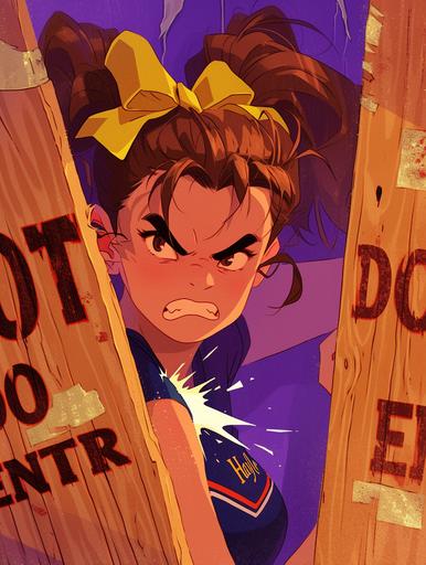 Retrofuturistic film noir anime, flat colors, it features the cheerleader lead bashing her shoulder into two wood boards on a door that say 