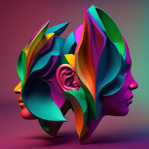 cuatro orejas humanas flotando, estilo 3D, rosa, magenta, verde, azul, amarillo.