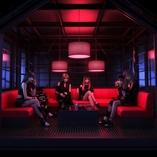 Revise a private, enclosed nightclub scene, focusing on five women seated on a sofa. Remove any silhouette backgrounds to emphasize the enclosed space. Diversify the clothing and footwear styles of the women to avoid similarity. Eliminate linear patterns on the floor for a cleaner look. Base the facial features of four of the women on Blackpink members Jisoo, Jennie, Rosé, and Lisa, capturing expressions of excitement and anticipation. Render in Pixar-style animation to highlight the vibrant and exclusive atmosphere of the nightclub.