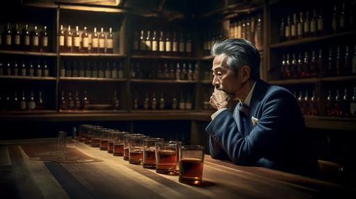 A japanese business man, in a whiskey tasting room with a row of whiskey barrels each tapped for tasting, with wooden floor beams, and single bulbs strung across the wooden ceiling, vintage, warm image with blues in the highlights, photo realistic, 150-megapixel photo, 85mm lens, with shallow depth of field --ar 16:9 --v 5 --v 5 --s 750 --v 5 --s 750