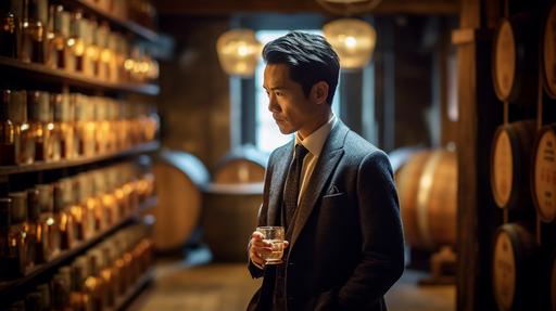 A japanese business man, in a whiskey tasting room with a row of whiskey barrels each tapped for tasting, with wooden floor beams, and single bulbs strung across the wooden ceiling, vintage, warm image with blues in the highlights, photo realistic, 150-megapixel photo, 85mm lens, with shallow depth of field --ar 16:9 --v 5 --v 5 --s 750 --v 5 --s 750