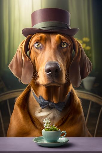 Rhodesian Ridgeback as the Mad Hatter from Alice in Wonderland, at the table during the Mad Tea Party, bright background, madness atmosphere, 3d, hyper-realistic, high detail, soft movie lighting, illusory engine rendering, OCTANE RENDERING, 16k, --ar 2:3 --v 4 --q 2