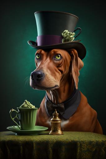 Rhodesian Ridgeback as the Mad Hatter from Alice in Wonderland, at the table during the Mad Tea Party, bright background, madness atmosphere, 3d, hyper-realistic, high detail, soft movie lighting, illusory engine rendering, OCTANE RENDERING, 16k, --ar 2:3 --v 4 --q 2