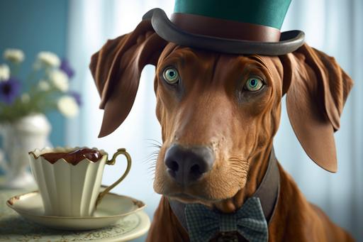 Rhodesian Ridgeback as the Mad Hatter from Alice in Wonderland, at the table during the Mad Tea Party, bright background, 3d, hyper-realistic, high detail, soft movie lighting, illusory engine rendering, OCTANE RENDERING, 16k, --ar 3:2 --v 4 --q 2