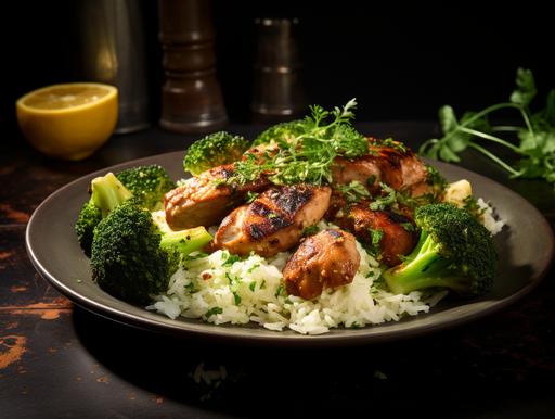 Rice, Sausage & Brocolli Chicken on a plate, product shoot --ar 4:3
