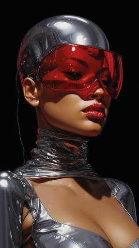 Rihanna, Waist Up Portrait, 3/4 view, Fantasy by Hajime Sorayama, Reflective Chrome Suit, Red Rim Light, Lens Flairs, Solid Black Background, Cinematic, --ar 9:16
