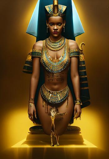 Rihanna as Pharoah cleopatra   Egyptian jewelry   with her cat   sceen is an Egyptian throne room   cinematic  Rembrandt lighting on the face  elegant, ethereal, intricate, elaborate, hyperrealism, hyper detailed, cinematic lighting, visual clarity, 200mm, UHD, 32k, 16k, 8k, 3D shading, Tone Mapping, Ray Tracing Global Illumination, Diffraction Grating, Crystalline, Lumen Reflections, Super-Resolution, gigapixel, color grading, retouch, enhanced, PBR, Blender, V-ray, Procreate, zBrush, Unreal Engine 5, Cinema 4D, ROMM RGB, Adobe After Effects, 3DCG, VFX, SFX, FXAA, SSAO, looking away from camera, --ar 2:3 --test --creative