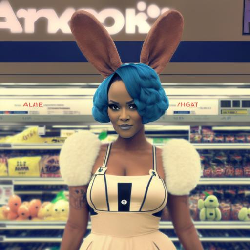 Rihanna in Pixar style dressed in a cam o bunny outfit on top of a grocery store