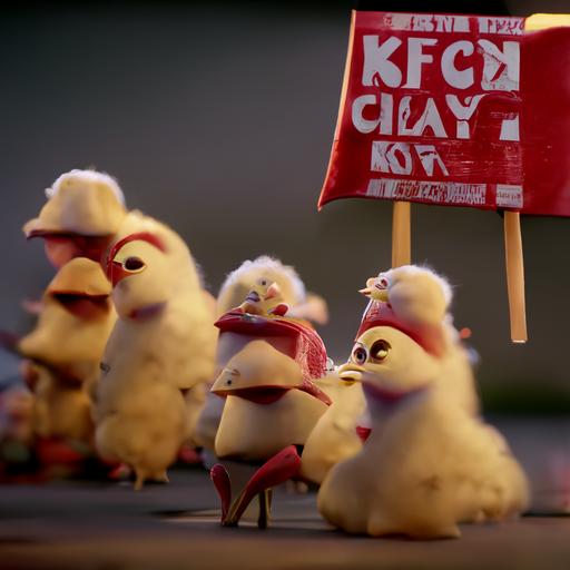 The chicks marched with a boycott KFC sign, clay, 8k, pixar -hd