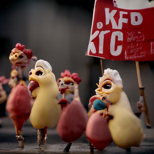 The chicks marched with a boycott KFC sign, clay, 8k, pixar -hd