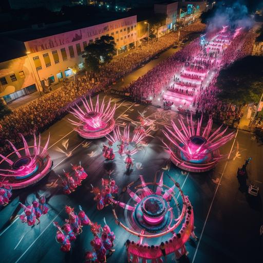 Rio Carnival comissão de frente in Flamingo styled costumes and drum line battery at the background on the Rio de Janeiro Carnival boulevard, gala night. shot taken from front and above drone style.