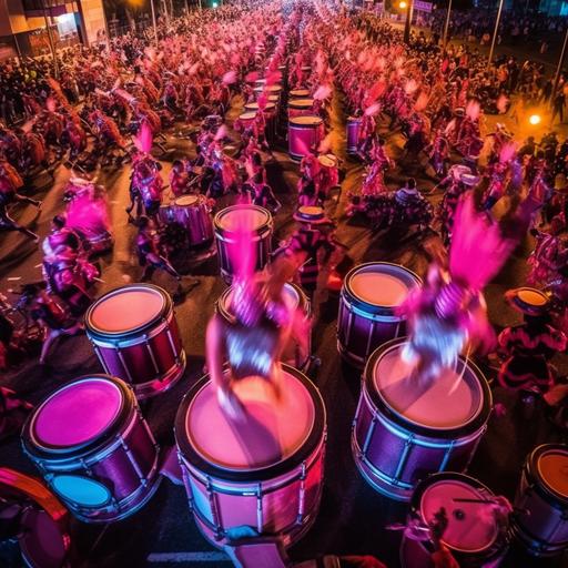 Rio Carnival comissão de frente in Flamingo styled costumes and drum line battery at the background on the Rio de Janeiro Carnival boulevard, gala night. shot taken from front and above drone style.
