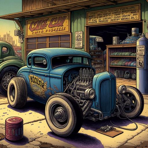 Robert Crumb, hot rod, garage, comic art,