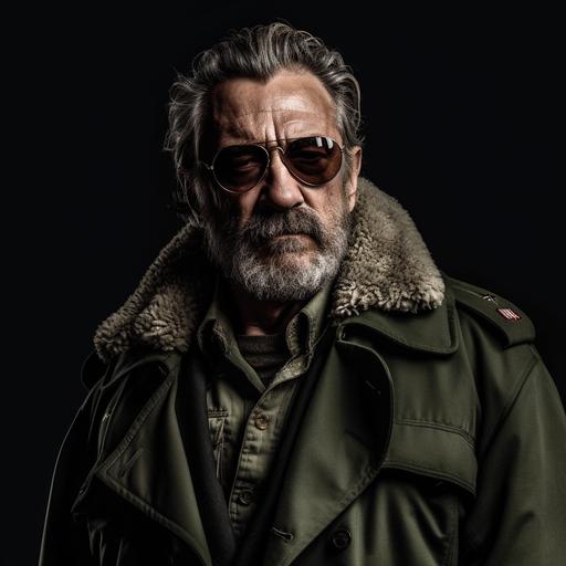 Robert De Niro in his 50's wearing a beard and black rayban aviators and a military trench coat as Big Boss from Metal Gear Solid, dslr 8k photograph